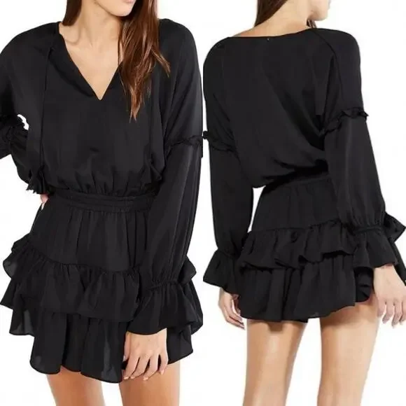 Misa Los Angeles Black Long Sleeve Amalya Ruffle Mini Dress Sz.S - Picture 5 of 16